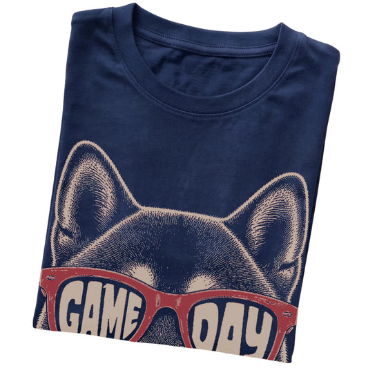 Shiba Inu Game Day design on a Navy t-shirt, folded view