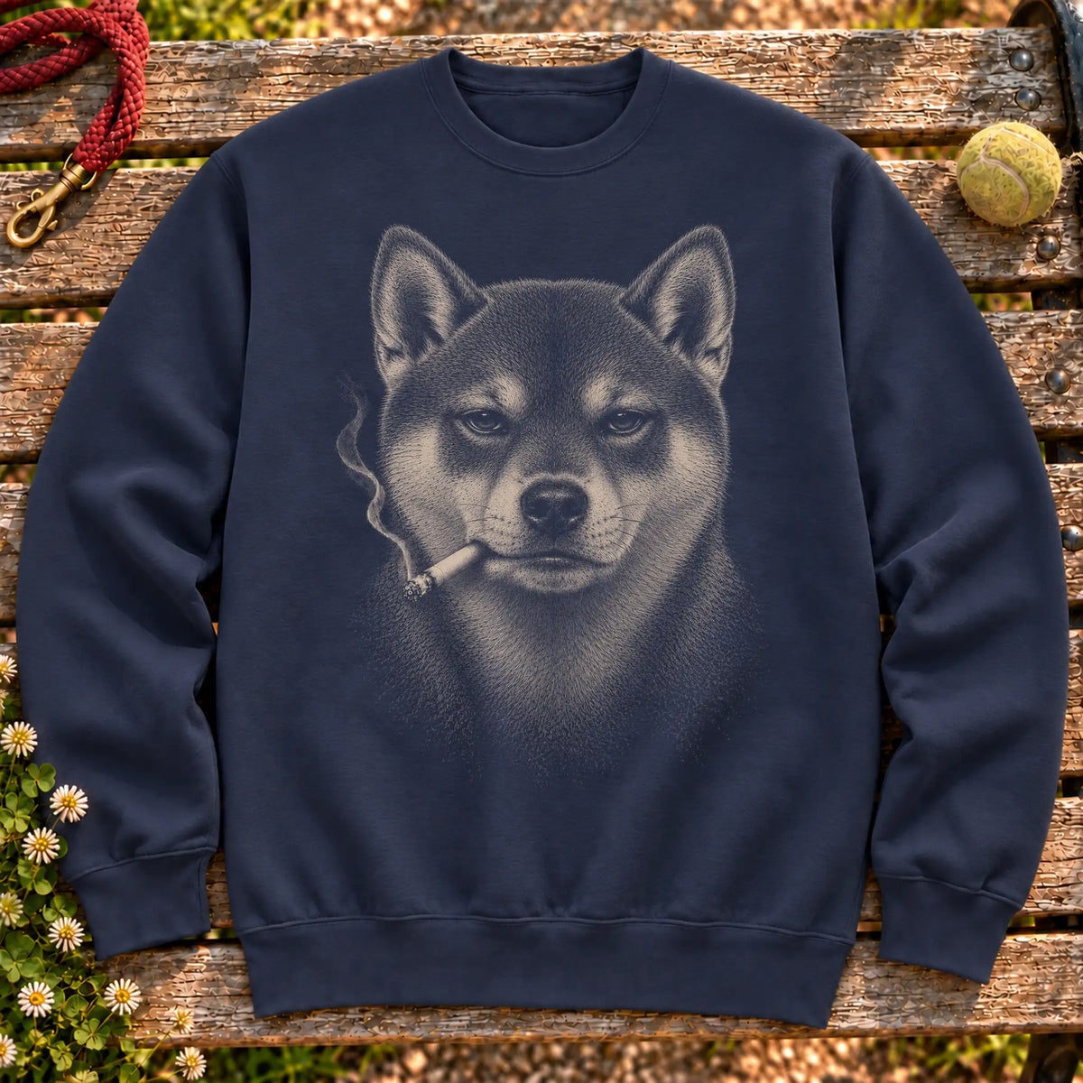 Shiba Inu smoking design on a Navy sweatshirt