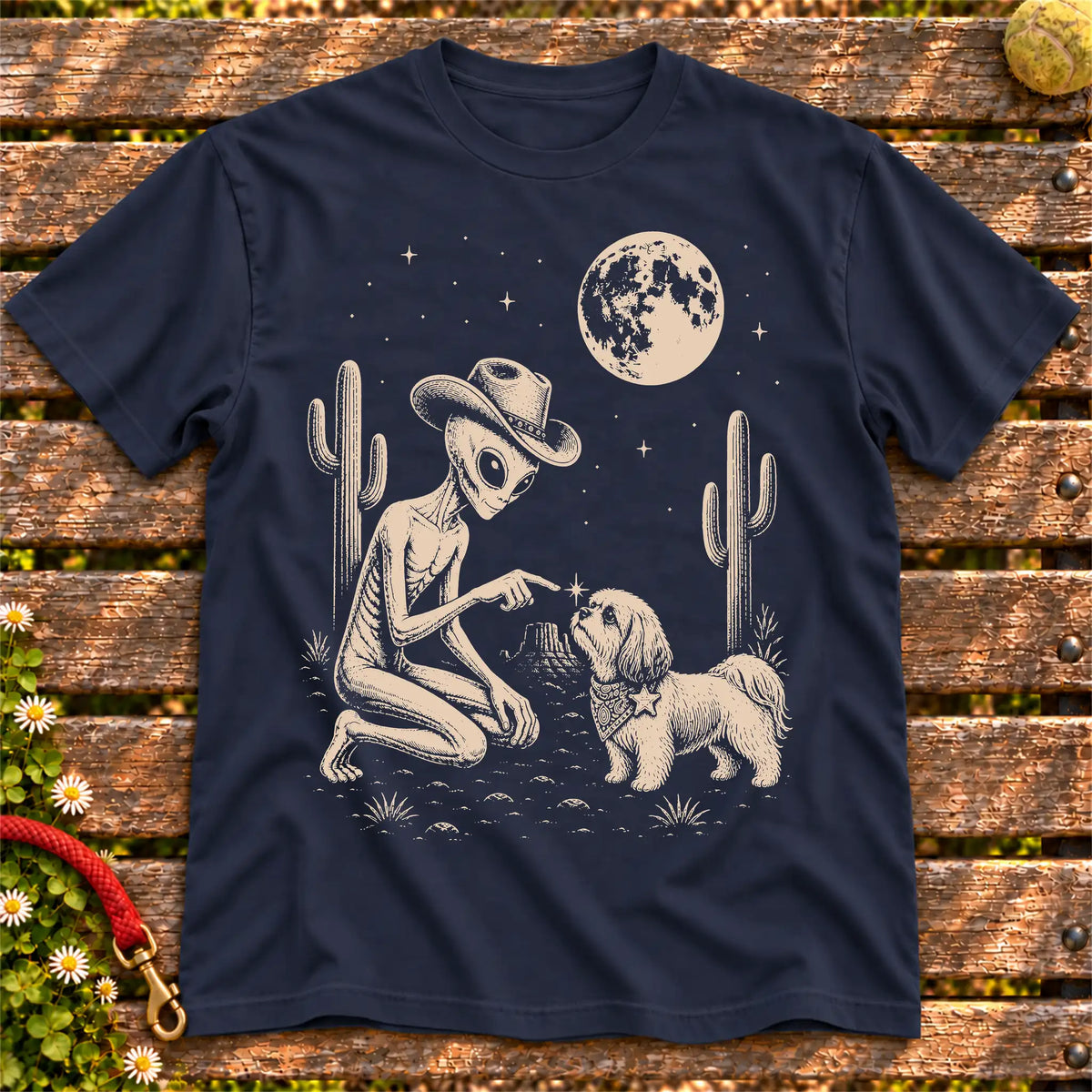 Shih Tzu Cowboy and Alien on a Navy T-shirt, shown flat