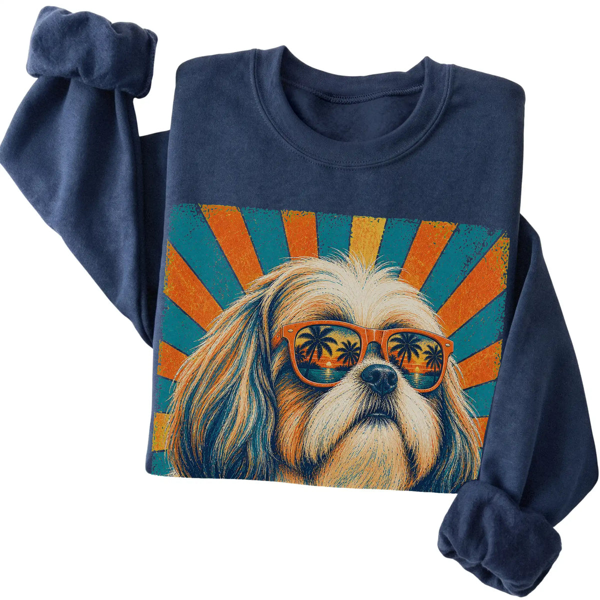 Folded Navy crewneck sweatshirt with a Retro Shih Tzu Dad design