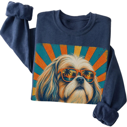 Folded Navy crewneck sweatshirt with a Retro Shih Tzu Dad design