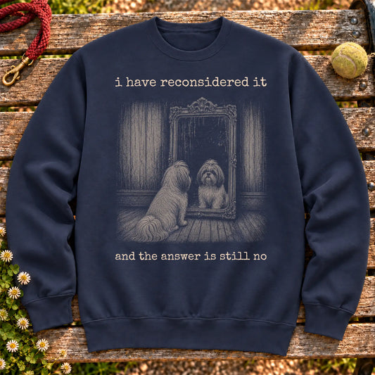 Shih Tzu The Answer Is Still No on a Navy crewneck sweatshirt, shown flat