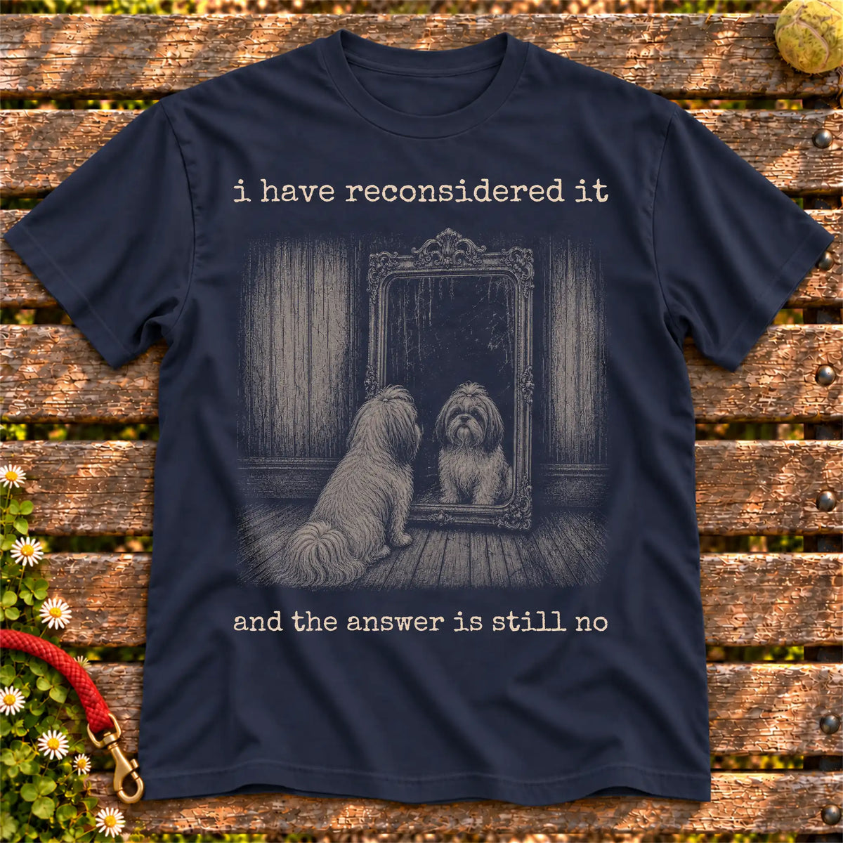 Shih Tzu The Answer Is Still No on a Navy T-shirt, shown flat