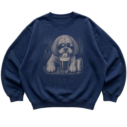 Navy Shih Tzu drinking from a pint at a bar, laid flat