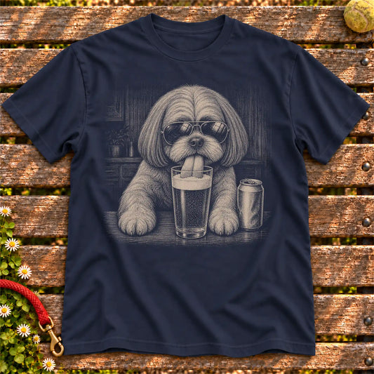 Shih Tzu Drinking Beer on a Navy T-shirt, shown flat