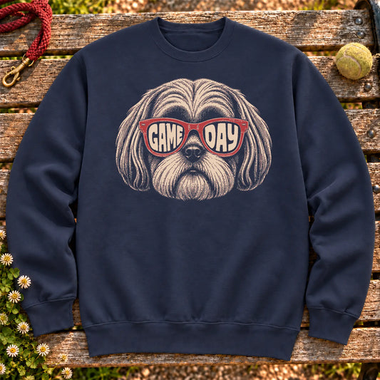 Shih Tzu Game Day Sunglasses on a Navy crewneck sweatshirt, shown flat