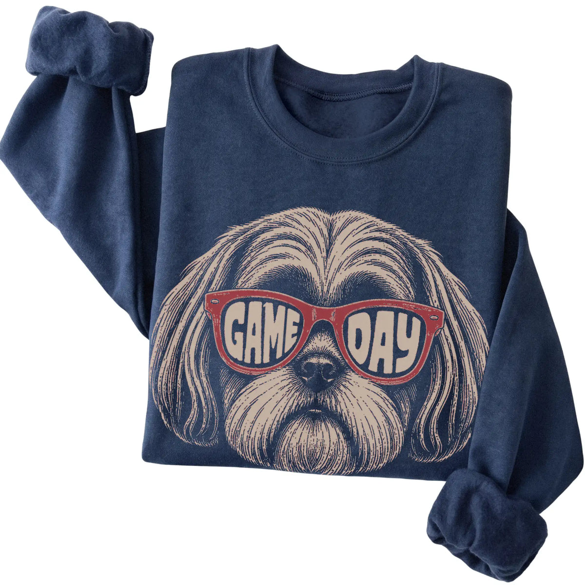 Shih Tzu Game Day design on a Navy sweatshirt, folded view