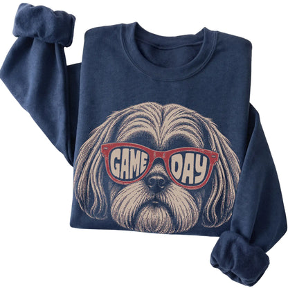 Shih Tzu Game Day design on a Navy sweatshirt, folded view
