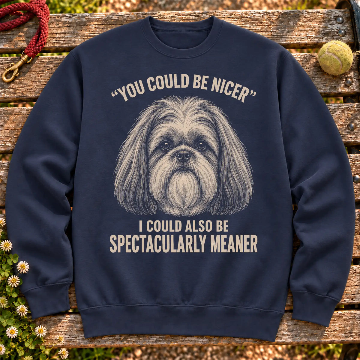 Shih Tzu Guard Dog on a Navy crewneck sweatshirt, shown flat