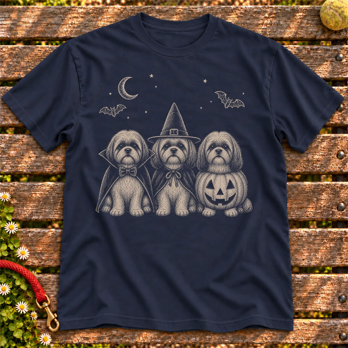Shih Tzu Halloween Costume on a Navy T-shirt, shown flat