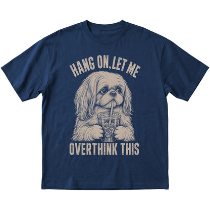 Navy T-shirt featuring Overthinking Shih Tzu, laid-flat presentation