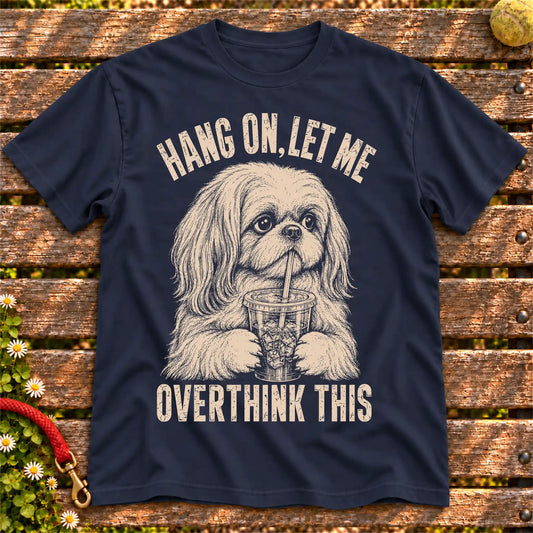 Shih Tzu Iced Coffee Overthink on a Navy T-shirt, shown flat