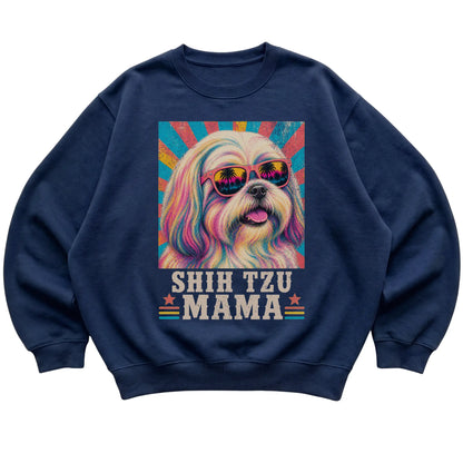 Retro Shih Tzu Mama design on a Navy crewneck sweatshirt
