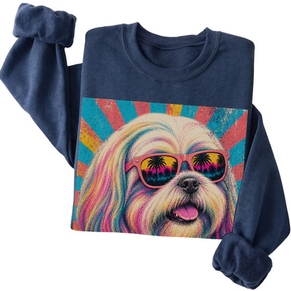 Folded Navy crewneck sweatshirt with a Retro Shih Tzu Mama design