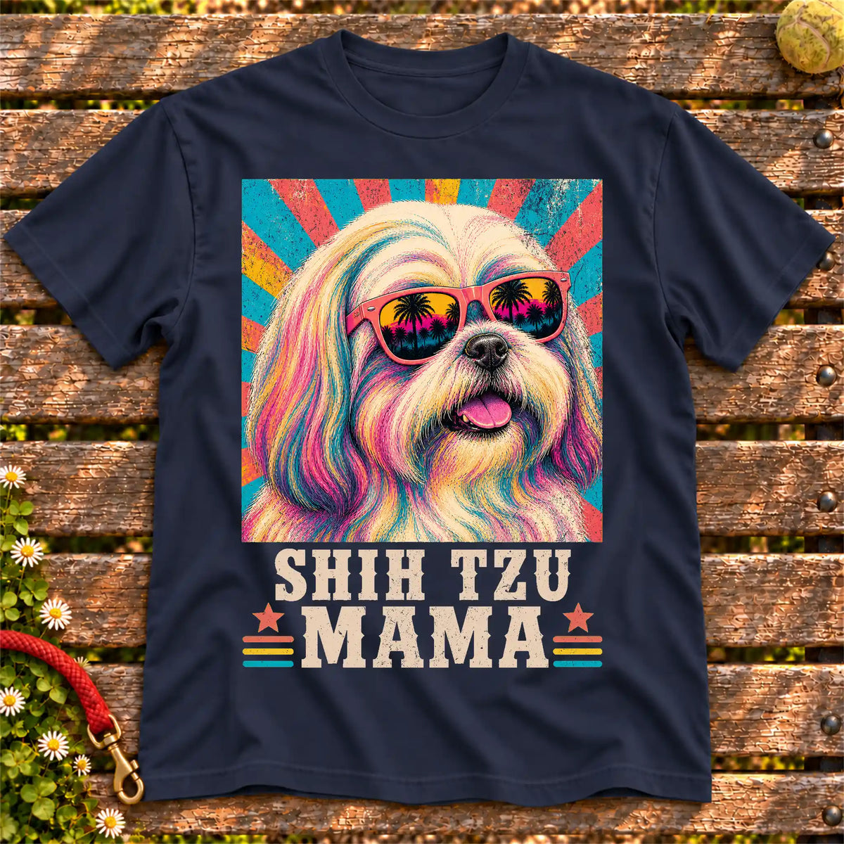 Shih Tzu Mama on a Navy T-shirt, shown flat