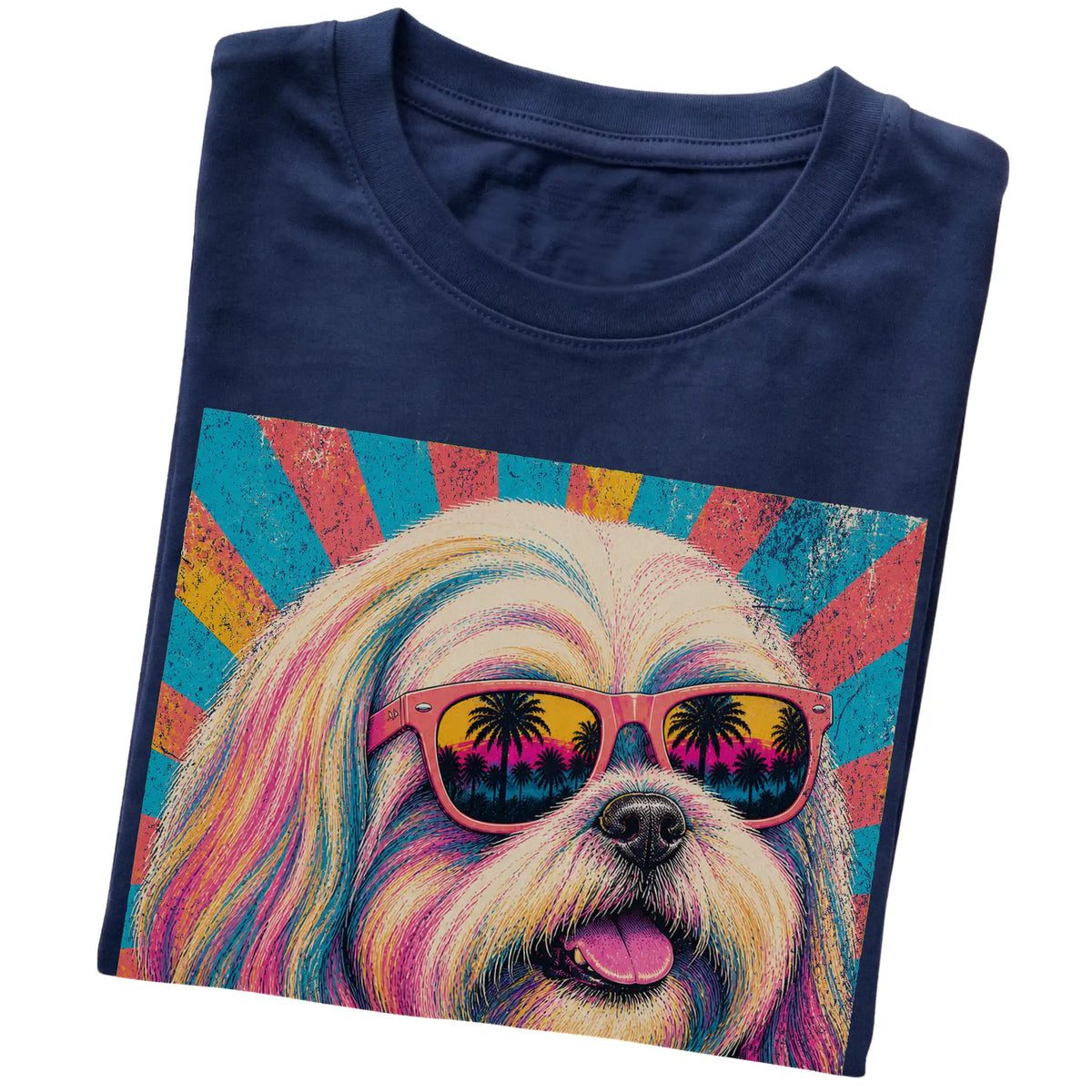 Folded Navy softstyle T-shirt with a Retro Shih Tzu Mama design