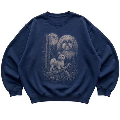 Shih Tzu Moonlit Forest graphic on a navy crewneck sweatshirt laid flat