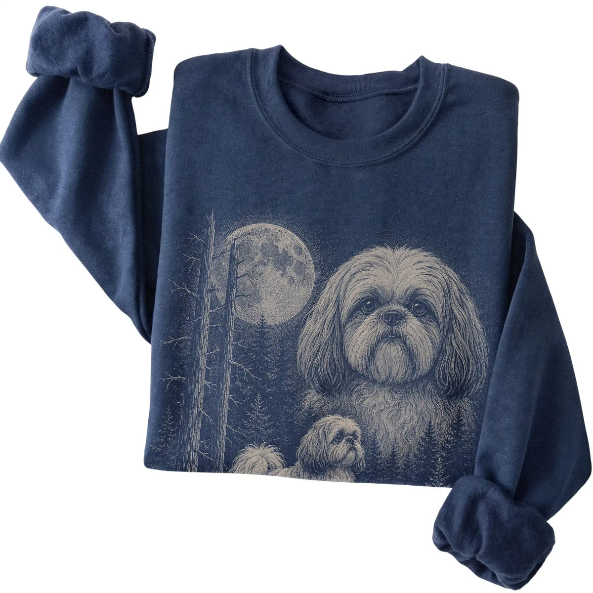 Folded navy crewneck sweatshirt showing the Shih Tzu Moonlit Forest graphic