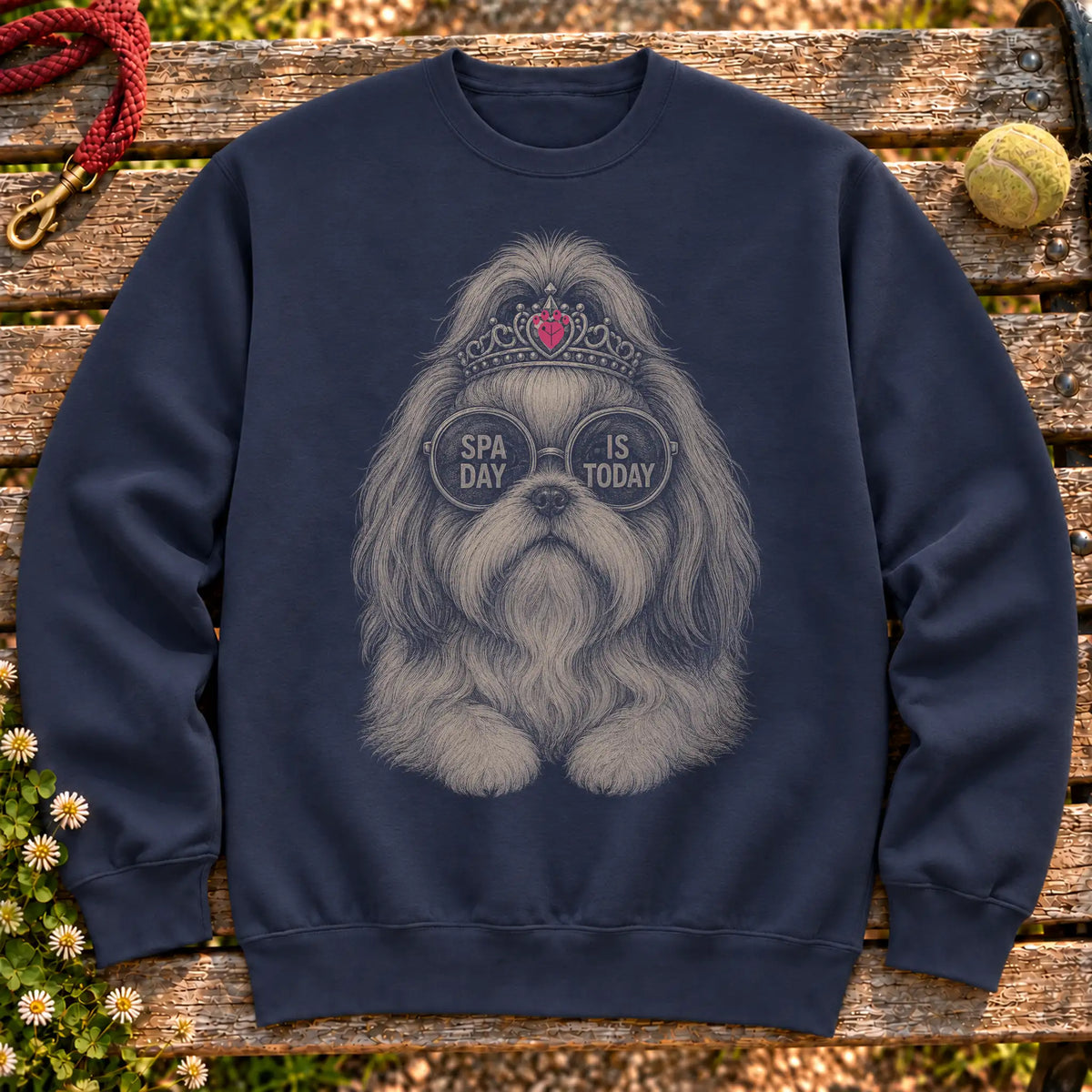 Shih Tzu Spa Day Is Today on a Navy crewneck sweatshirt, shown flat
