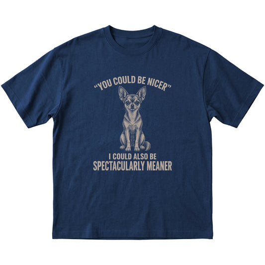 Short-Haired Chihuahua Guard Dog T-Shirt in Navy — flat lay