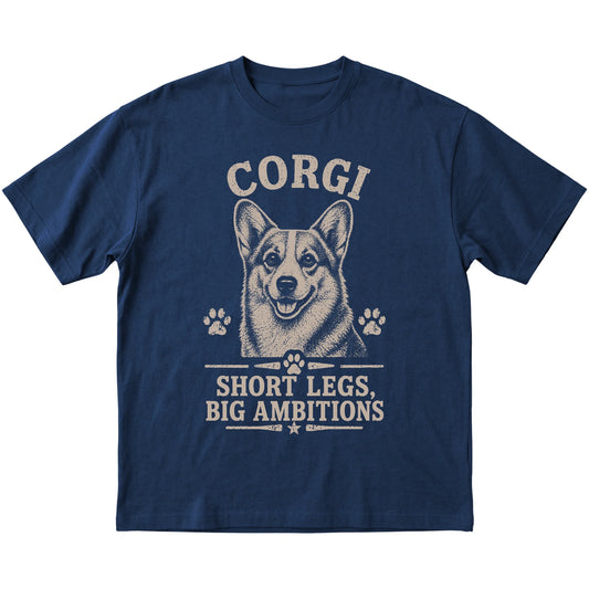 Navy T-shirt featuring Short Legs, Big Ambitions - Corgi, laid-flat presentation