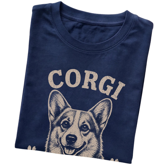 Navy T-shirt featuring Short Legs, Big Ambitions - Corgi, folded presentation