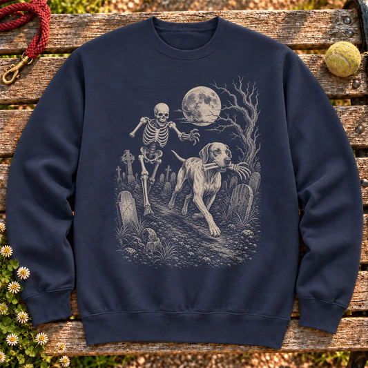 Pointer Skeleton Chase on a Navy crewneck sweatshirt, shown flat