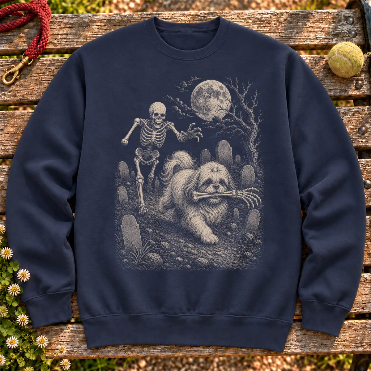 Shih Tzu Skeleton Chase on a Navy crewneck sweatshirt, shown flat