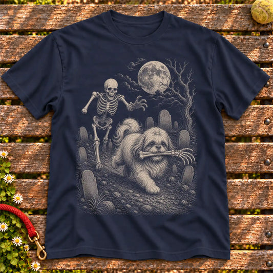 Shih Tzu Skeleton Chase on a Navy T-shirt, shown flat