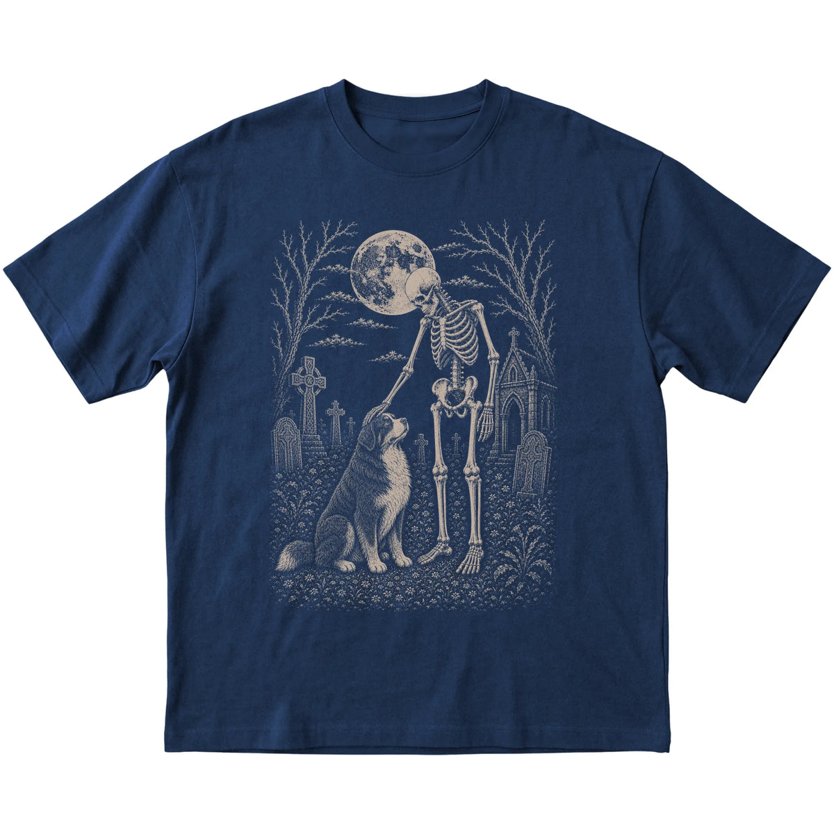 Skeleton petting a Bernese Mountain Dog in a graveyard on a Navy T-shirt