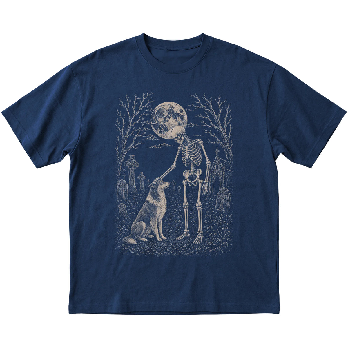 Skeleton petting a Collie in a graveyard on a Navy T-shirt