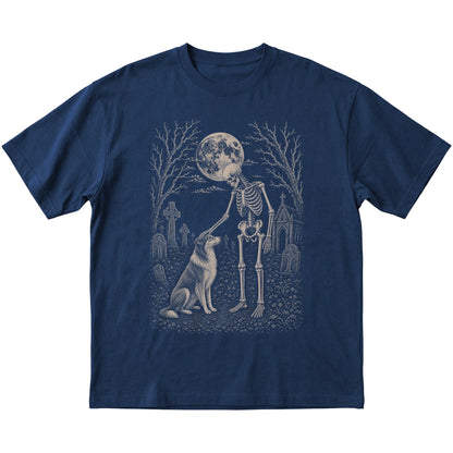 Skeleton petting a Collie in a graveyard on a Navy T-shirt