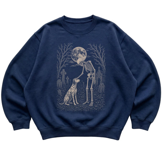 Skeleton petting a Dalmatian in a graveyard on a Navy sweatshirt
