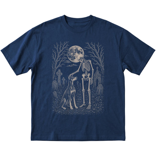 Skeleton petting a Doberman in a graveyard on a Navy T-shirt