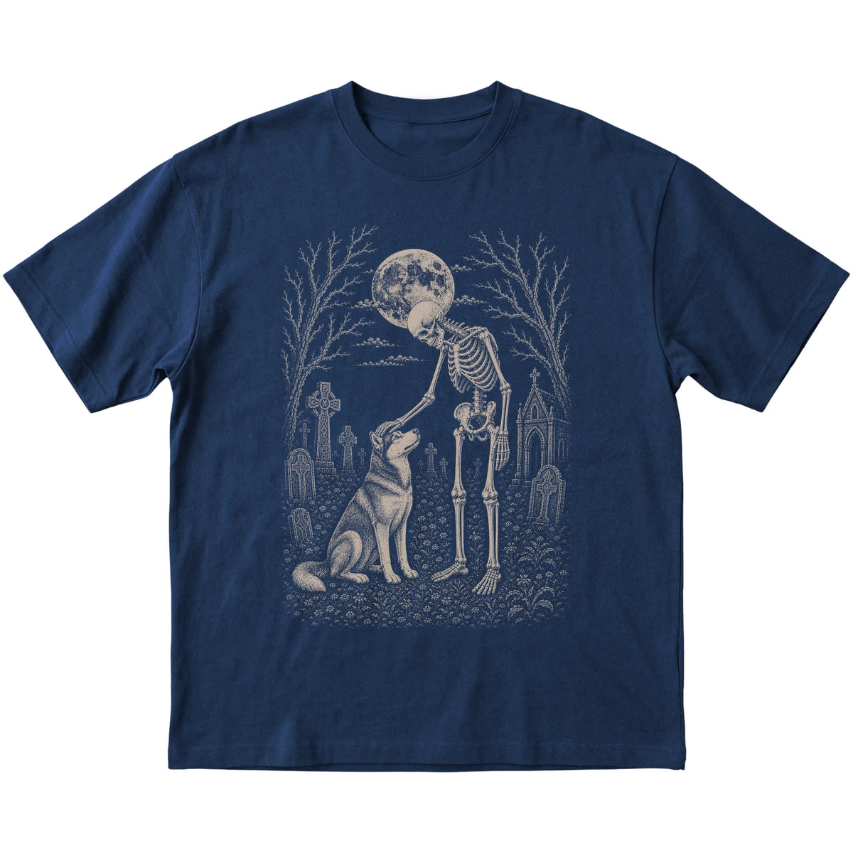 Skeleton petting a Husky in a graveyard on a Navy T-shirt