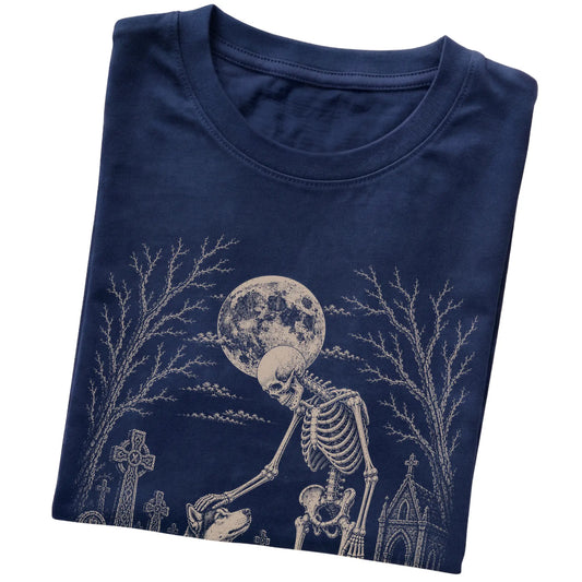 Folded Navy T-shirt with a skeleton petting a Husky in a graveyard