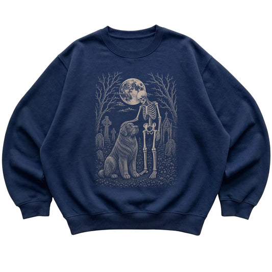 Skeleton petting a Newfie in a graveyard on a Navy sweatshirt