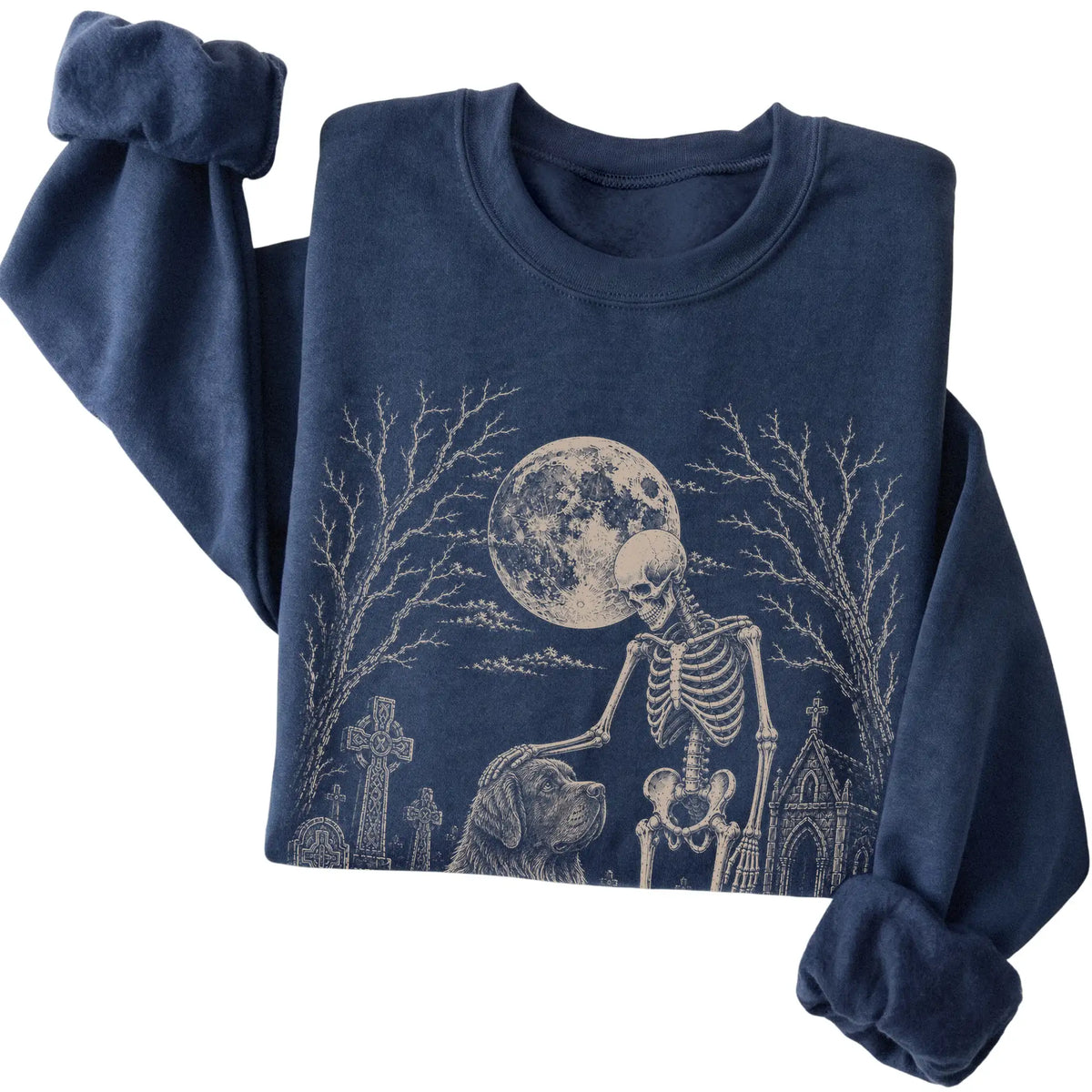 Folded Navy sweatshirt with a skeleton petting a Newfie in a graveyard