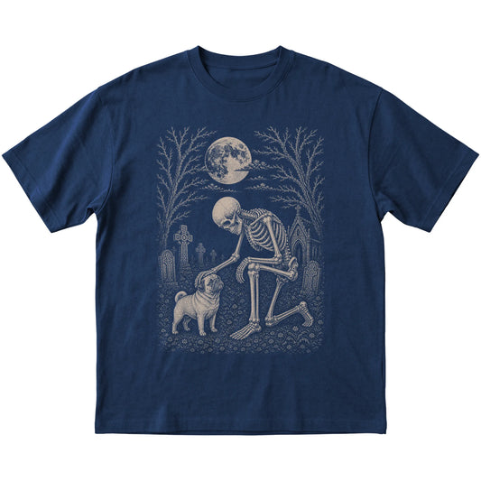 Skeleton petting a Pug in a graveyard on a Navy T-shirt