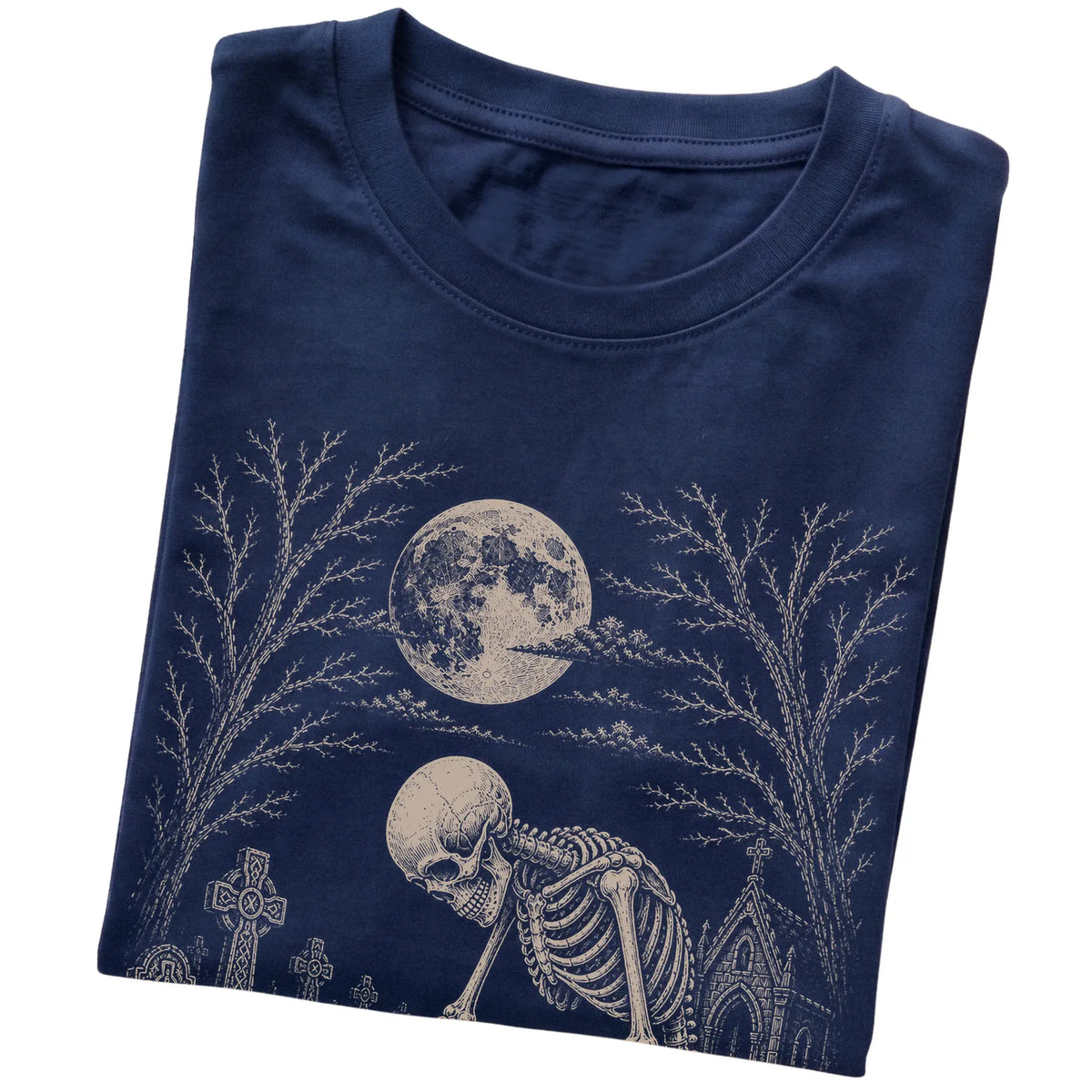 Folded Navy T-shirt with a skeleton petting a Pug in a graveyard