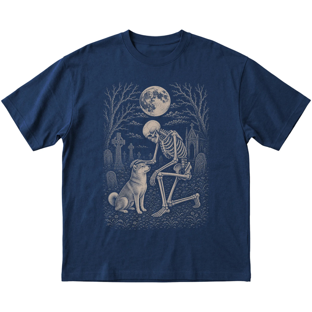 Skeleton petting a Shiba Inu in a graveyard on a Navy T-shirt