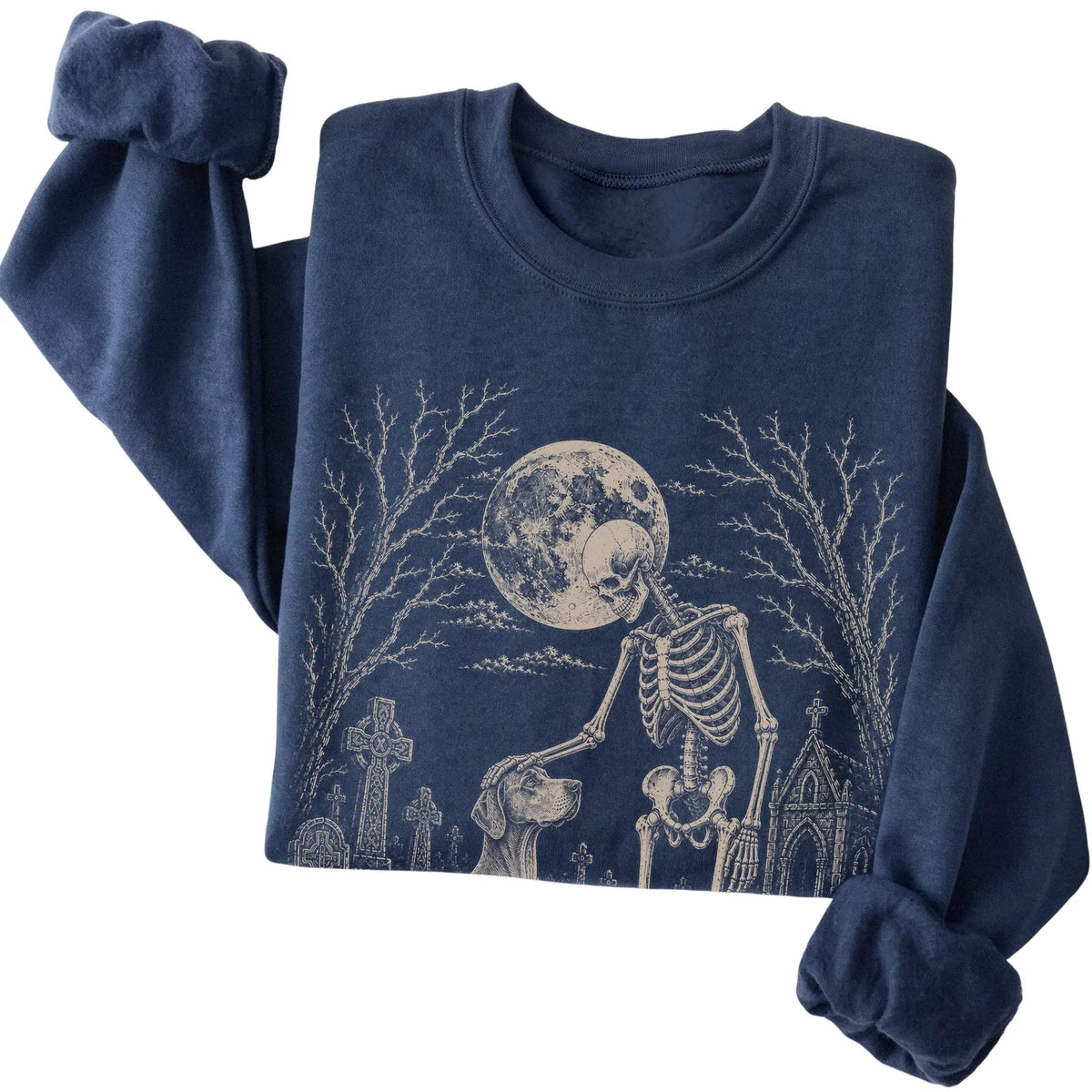 Folded Navy sweatshirt with a skeleton petting a Vizsla in a graveyard