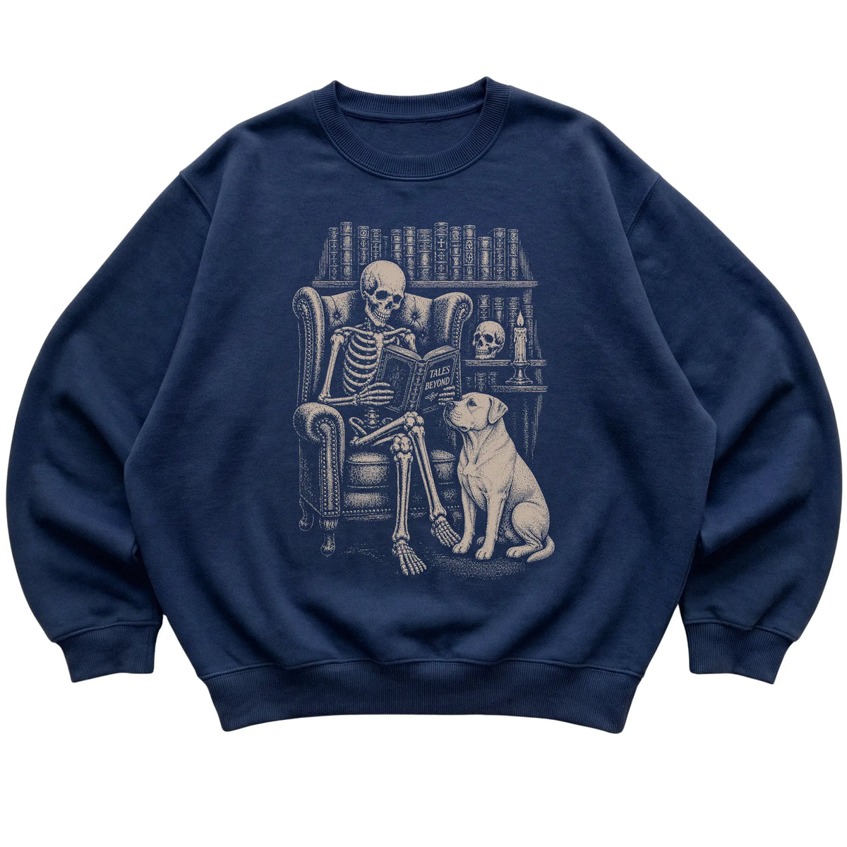 Skeleton reading Tales Beyond to an American Bulldog on a Navy sweatshirt