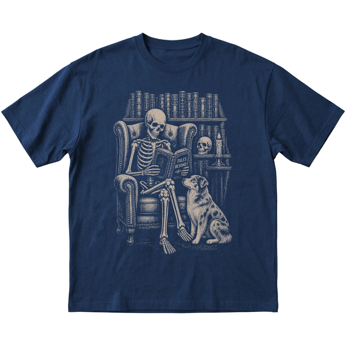 Skeleton reading Tales Beyond to an Australian Shepherd on a Navy T-shirt