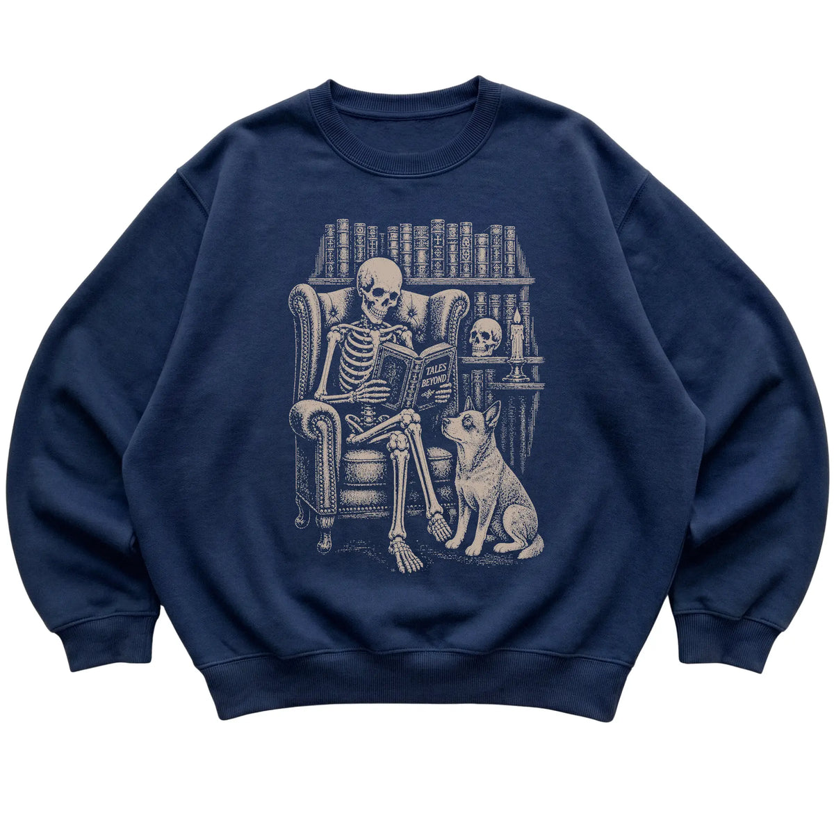Skeleton reading Tales Beyond to a Blue Heeler on a Navy sweatshirt