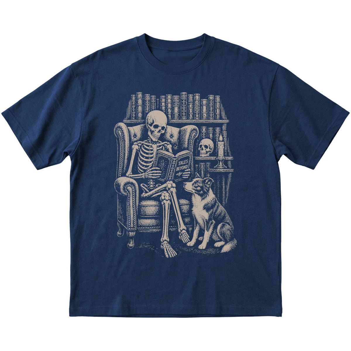 Skeleton reading Tales Beyond to a Border Collie on a Navy T-shirt