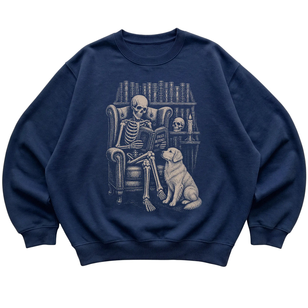 Skeleton reading Tales Beyond to a Golden Retriever on a Navy sweatshirt