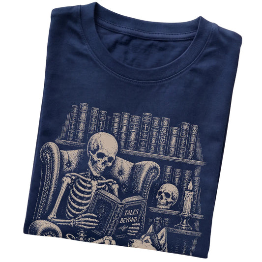 Folded Navy T-shirt with a skeleton reading Tales Beyond to a Husky