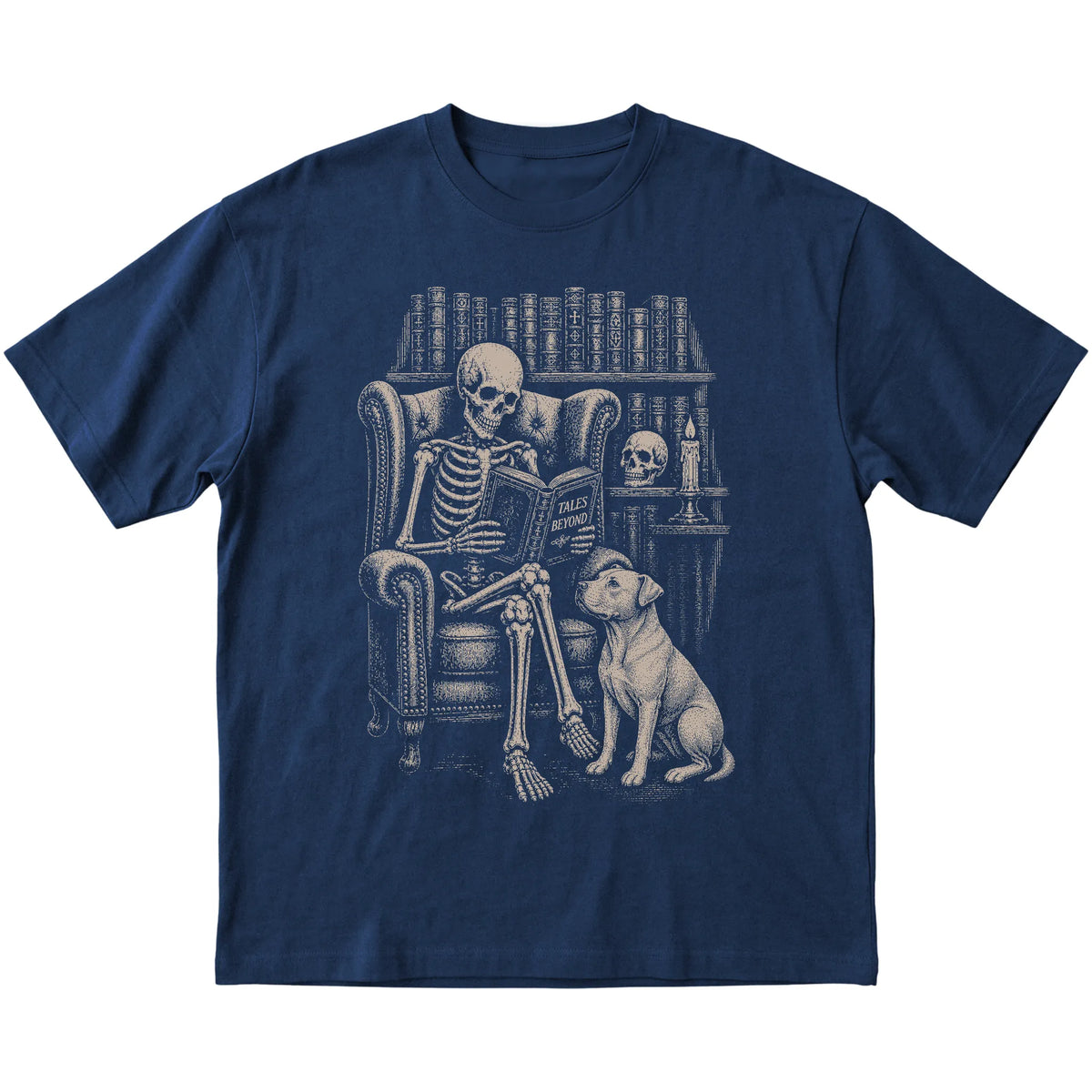 Skeleton reading Tales Beyond to a Pitbull on a Navy T-shirt