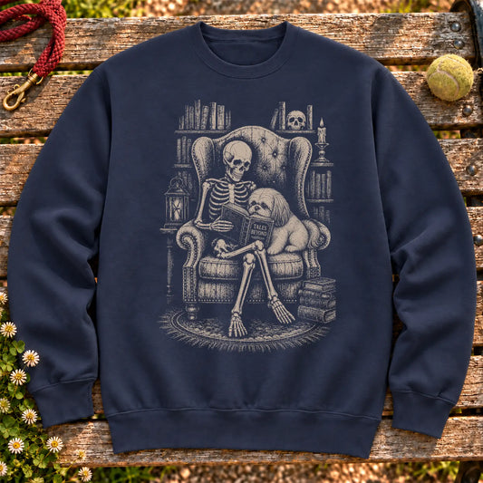 Shih Tzu Skeleton Reading Book on a Navy crewneck sweatshirt, shown flat